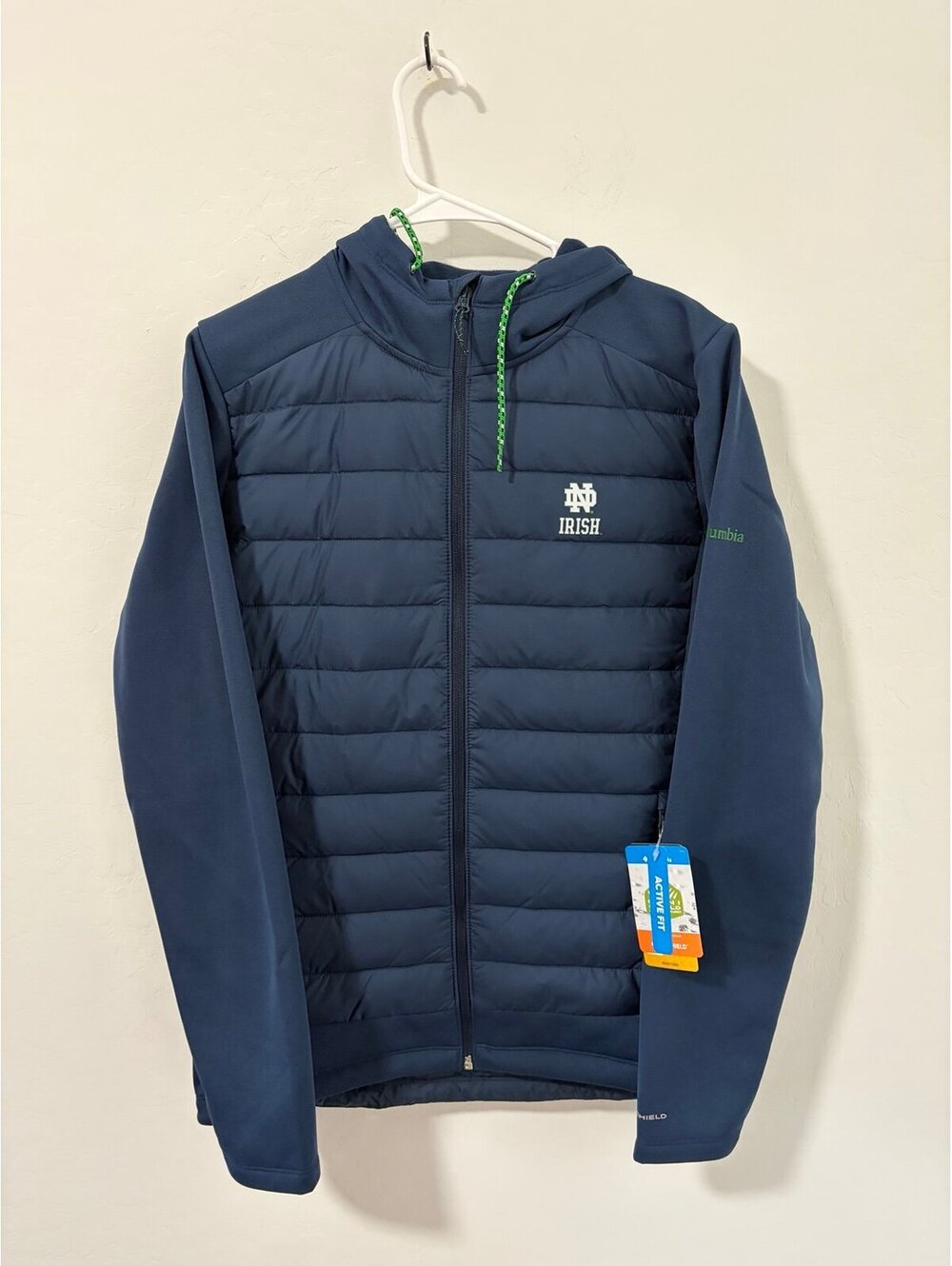 New Columbia  Hybrid Full Zip Hooded Jacket Notre Dame Fighting Irish mens small